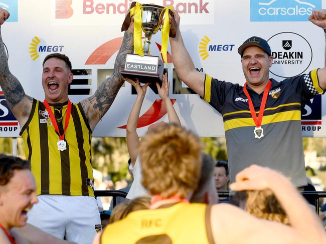 Rowville hold aloft the premiership cup after winning the 2023 Eastern Football Netball League Premier Division Seniors Grand Final match between Vermont and Rowville at Bayswater Oval in Bayswater, Victoria on September 16, 2023. (Photo by Josh Chadwick)