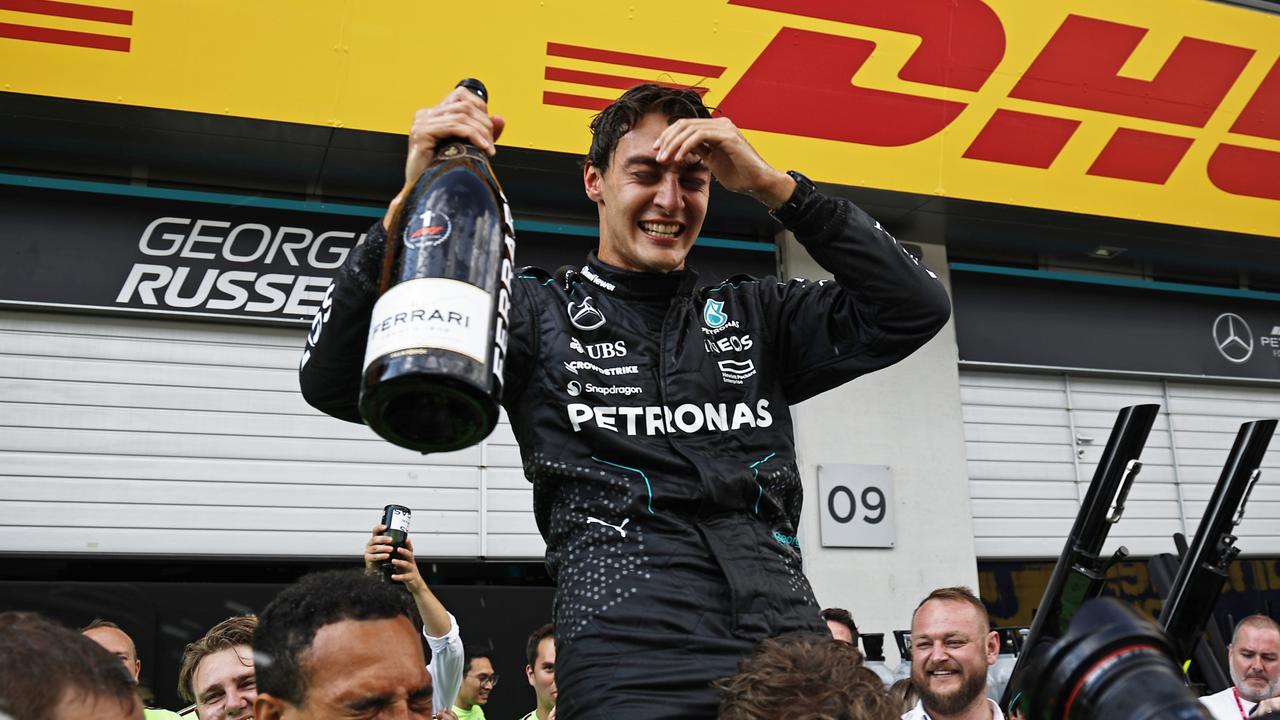 Race winner George Russell of Great Britain and Mercedes celebrates after the F1 Grand Prix of Austria at Red Bull Ring in Spielberg, Austria. Picture: Getty Images