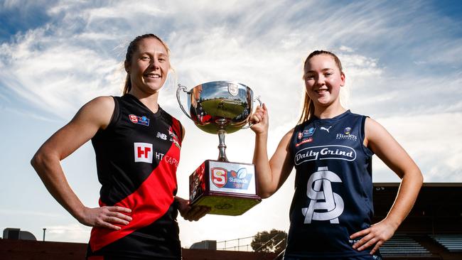 West Adelaide’s Bec Owen with South Adelaide’s Jaslynne Smith ahead of their semi-final this Saturday. Picture Matt Turner.