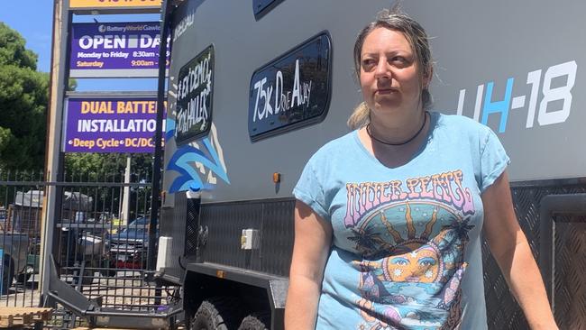 Tanya van Embden in front of their caravan that was broken into. Picture: George Yankovich