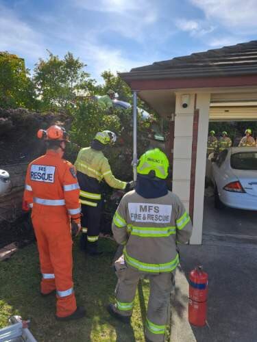 Mount Gambier SES and MFS crews provided assistance after a car ploughed into the garage of a house in Mount Gambier Tuesday morning. Picture: SA State Emergency Service