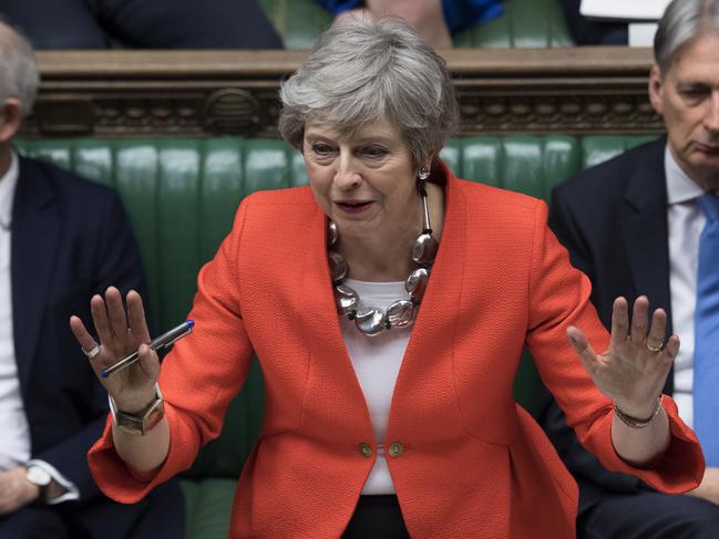 Britain's Prime Minister Theresa May speaks to lawmakers in parliament, London, Tuesday March 12, 2019. Prime Minister Theresa May's mission to secure Britain's orderly exit from the European Union appeared headed for defeat Tuesday, as lawmakers ignored her entreaties to support her divorce deal and end the political chaos and economic uncertainty that Brexit has unleashed. (Jessica Taylor/UK Parliament via AP)