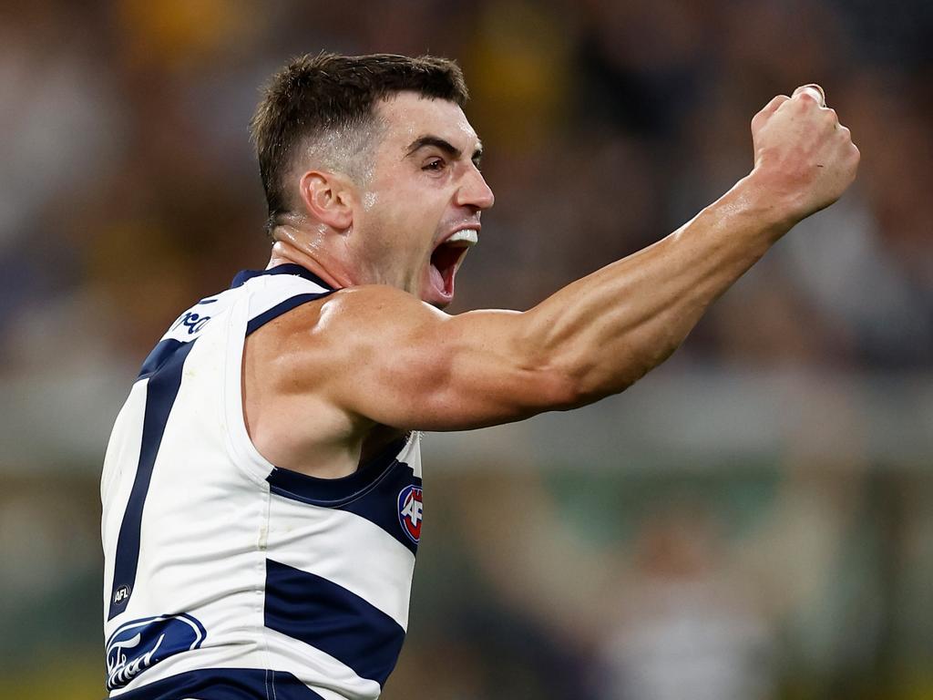 Shaun Mannagh celebrates after his crucial goal. Picture: Michael Willson/AFL Photos via Getty Images