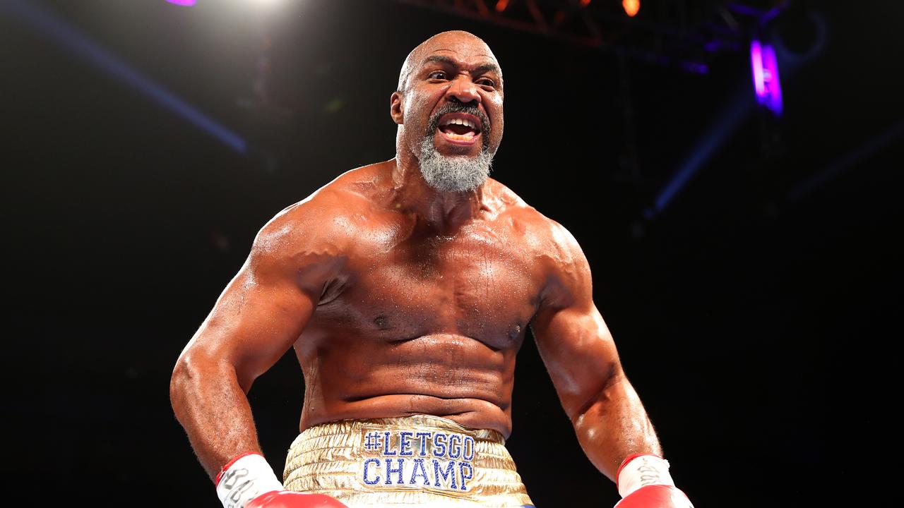 Shannon Briggs celebrates victory over Emilio Ezequiel Zarate during a heavyweight contest at The O2 Arena in 2016.