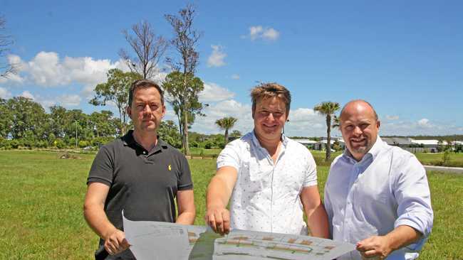 Devcon Building's development manager Simon Drew, managing director Michael Kain and sales director Peter Latham on site at Ascent Sunshine Coast. Picture: Erle Levey