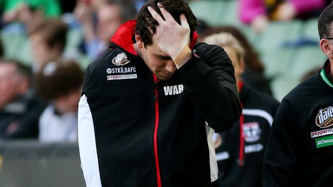 Paddy McCartin broke his collarbone in the opening quarter of St Kilda’s win over Richmond. Picture: Colleen Petch