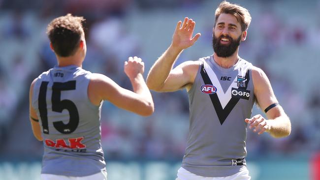 Justin Westhoff of the Power celebrates a goal against Melbourne in Round 1. Picture: Michael Dodge/Getty Images