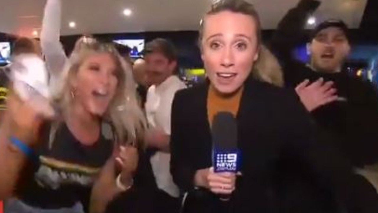 NRL Grand Final 2020: Reporter flees, Channel 9, Penrith Panthers, mayhem,  crowd, TV, live cross, Melbourne Storm