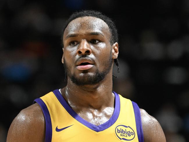 LAS VEGAS, NEVADA - JULY 12: Bronny James Jr. #9 of the Los Angeles Lakers looks on against the Houston Rockets in the second half of a 2024 NBA Summer League game at the Thomas & Mack Center on July 12, 2024 in Las Vegas, Nevada. The Rockets defeated the Lakers 99-80. NOTE TO USER: User expressly acknowledges and agrees that, by downloading and or using this photograph, User is consenting to the terms and conditions of the Getty Images License Agreement. (Photo by Candice Ward/Getty Images)