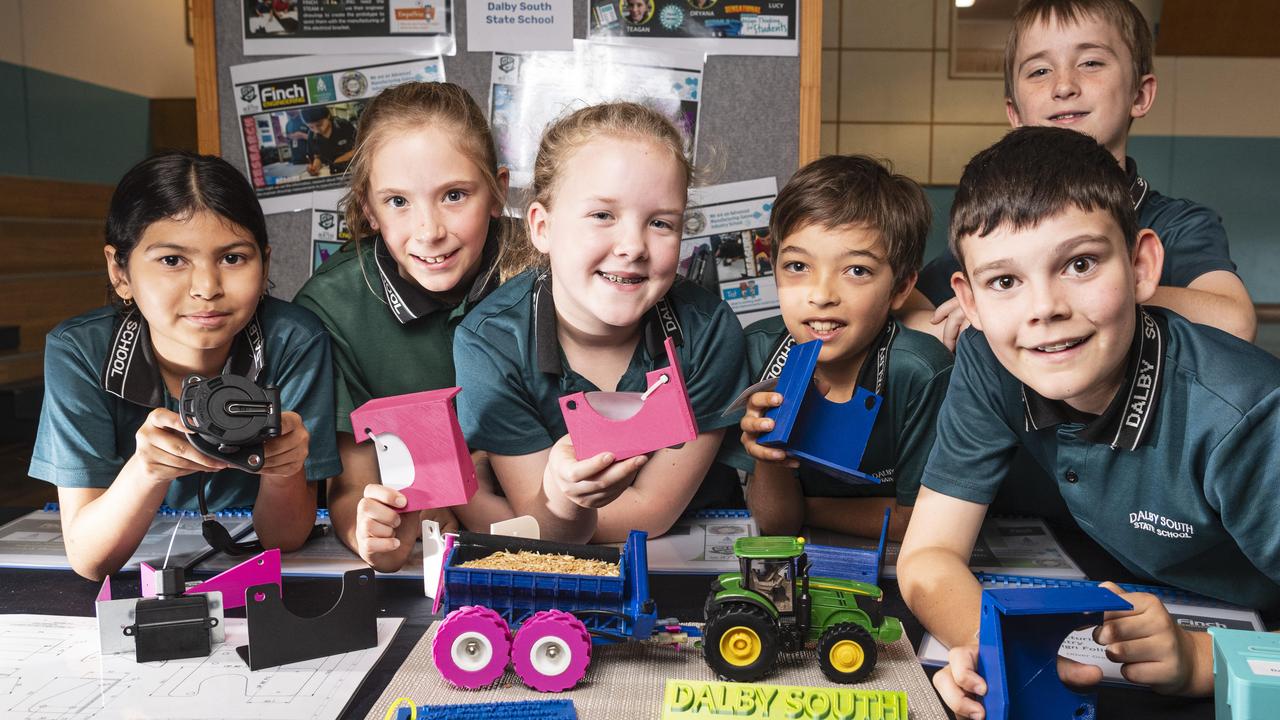 Dalby South State School students (from left) Oryana Umrah, Teagan Scheuerle, Lucy Hultgren, Braxten Deem, Ezra Adams and Oliver Grealy (front) with their system for electronic chaser bin brackets at the STEM advanced manufacturing Makers Empire schools showcase at The Salo Centre, St Ursula's College, Monday, November 4, 2024. Picture: Kevin Farmer