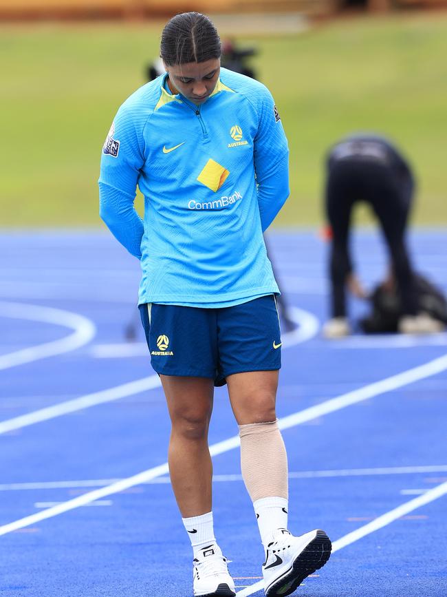 Sam Kerr was seen watching on for the start of Matilda’s training on Monday. Picture: Adam Head