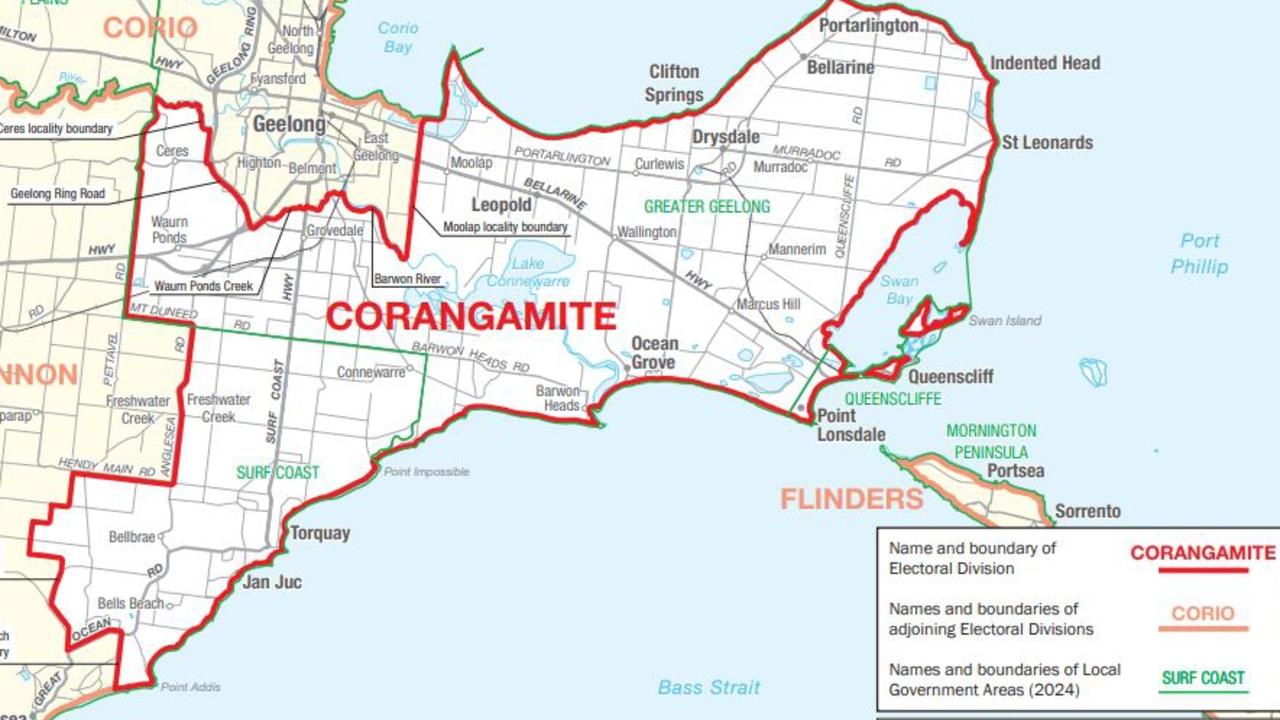 The boundaries of the Corangamite electorate were redrawn ahead of this year's federal election. Source: Australian Electoral Commission (2024).