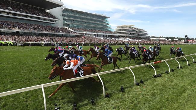 Craig Williams rides #23 Vow and Declare to win the 2019 Melbourne Cup. Picture: Getty