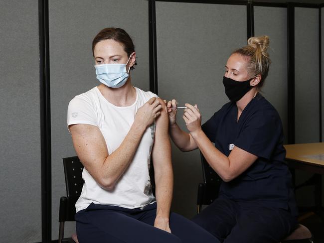 Australia swimmer Cate Campbell pictured receiving her Covid-19 vaccination shot at QE2 stadium, Brisbane 10th of May 2021. Australian athletes are getting vaccinated ahead of the Tokyo 2022 Olympic Games.   (Image/Josh Woning)