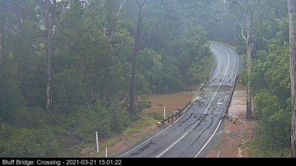 A time-stamped image of the Bluff Bridge on Sunday March 21. The new camera installed with the signage has been a big help to locals who want to know if the notoriously floody bridge is open or closed.