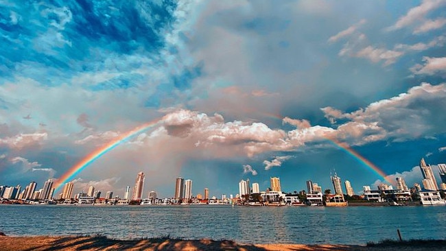 A rainbow appears after storms in this photo taken by Kerrie Suzanne at the end of Skiff St, Southport at 4.20pm on Wednesday.