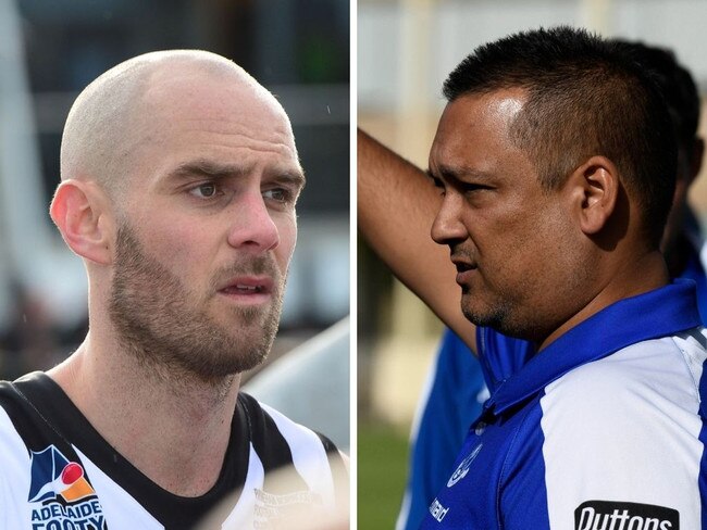 Payneham Norwood Union coach Jace Bode and St Peter's Old Collegians coach Geoff Riddle.