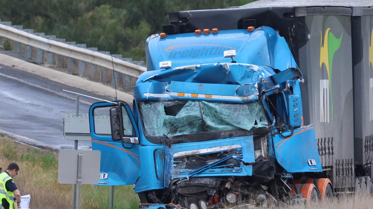 The crushed front cabin of the truck. Picture: Brendan Beckett