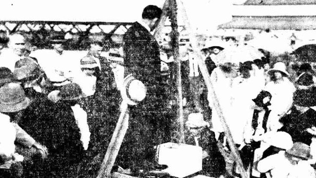 Mackay City Council Mayor Alderman George Milton lays the foundation stone for the cenotaph in River Street. Picture: Daily Mercury