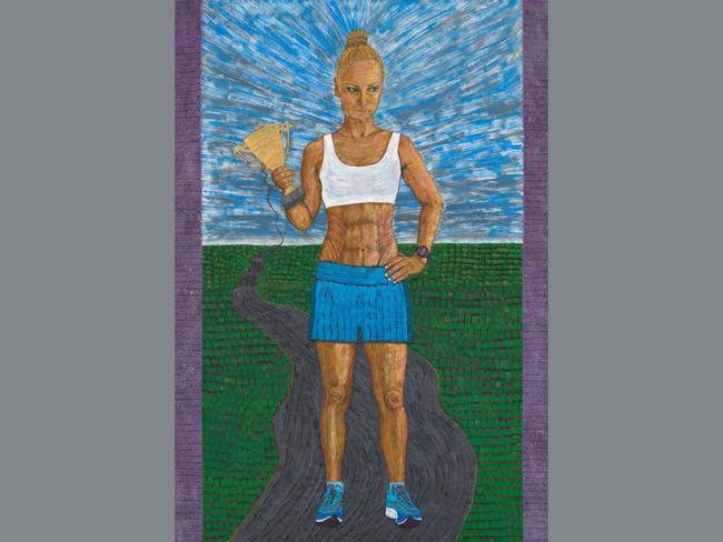 The Definition of Hope by Mostafa Azimitabar features sexual abuse survivor, 2021 Australian of the Year and long-distance runner Grace Tame. Azimitabar himself sought asylum in Australia in 2013 but was held at Manus Island and onshore until his release in 2021. When he sued the Australian government for damages, Tame was in court to support him. He is now a three-time Archibald Finalist, having learned to paint while in detention using a toothbrush. Picture: Mostafa Azimitabar, Archibald 2025, Photo: Art Gallery of New South Wales, Jenni Carter