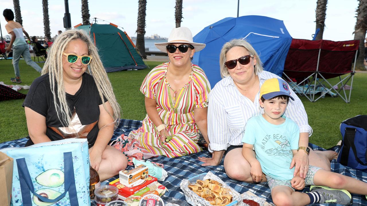 Kieran Murray, Alysha Randall and Sarah and Edward Healy. Locals and visitors arrived early to get a good spot for the Geelong New Years Eve celebrations. Picture: Alan Barber