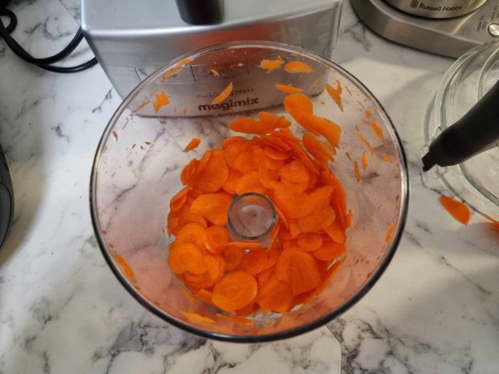 The 2mm slicing disc created perfectly fine carrot slices. Picture: news.com.au/Tahnee-Jae Lopez-Vito.