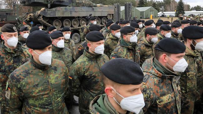 Soldiers of the German armed forces wearing face masks in Rukla, Lithuania, on February 22, 2022. Picture: Petras Malukas/AFP