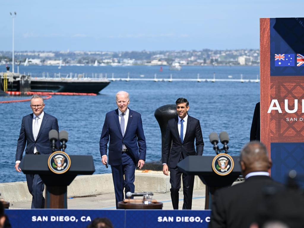 Australian Prime Minister Anthony Albanese, US President Joe Biden and UK Prime Minister Rishi Sunak announced the details of the AUKUS pact in San Diego last week. Picture: Tayfun Coskun/Anadolu Agency via Getty Images