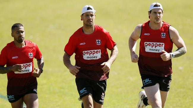 New Saints Brad Hill and Paddy Ryder join Jake Carlisle for some running drills on Monday. Pic: Getty Images