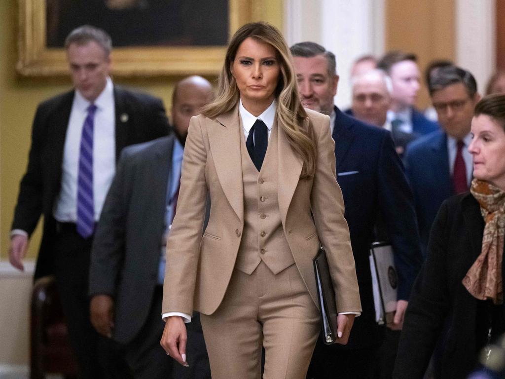 Melania Trump walks to a meeting to urge passage of the Take It Down Act by the US Senate which protects victims of real and deepfake revenge pornography. Picture: AFP
