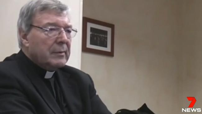 Footage of Cardinal George Pell being interviewed police in Rome.