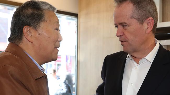 Bill Shorten with Jack He on a visit to Xibay Little Lamb in Burwood, Sydney. Picture: Kym Smith