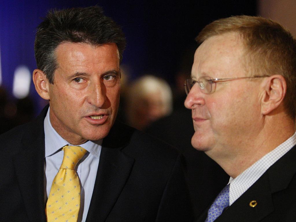 Lord Sebastian Coe MBE speaks to then-AOC President John Coates. Picture: Getty Images for AOC