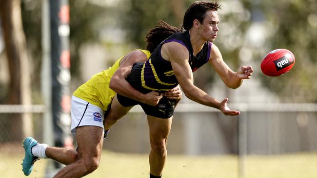 Max Clohesy from Murray Bushrangers gets a handball away against Northern Territory Thunder on the weekend. Picture: Getty Images