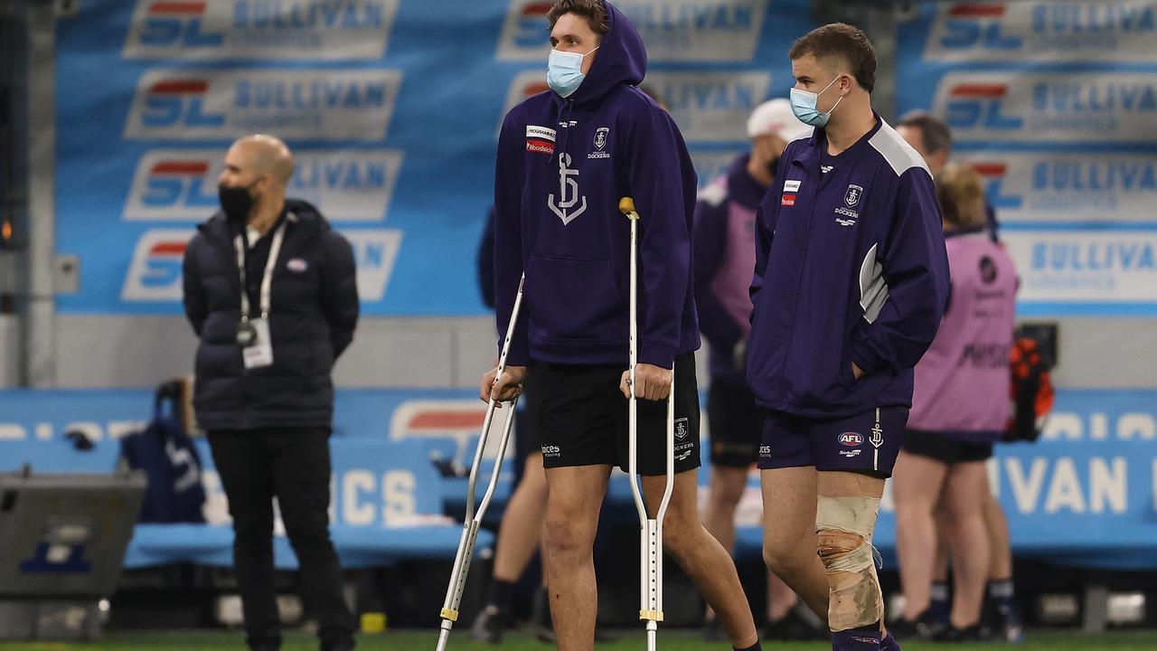 The Dockers’ Rory Lobb and Sean Darcy look on injured. Pictured: Paul Kane/Getty Images