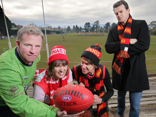 Premier Will Hodgman, committee member Caroline Ross, Scott Targett from the band Big Wally and Richmond president Brendon Gale, who will be a coach Sunday's Reclink Community Cup match at North Hobart Oval. Picture: RICHARD JUPE