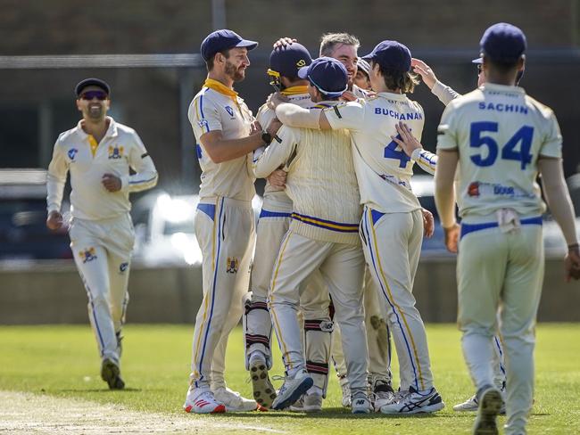 The Monders celebrate the dismissal of Josh Agar. Picture: Valeriu Campan