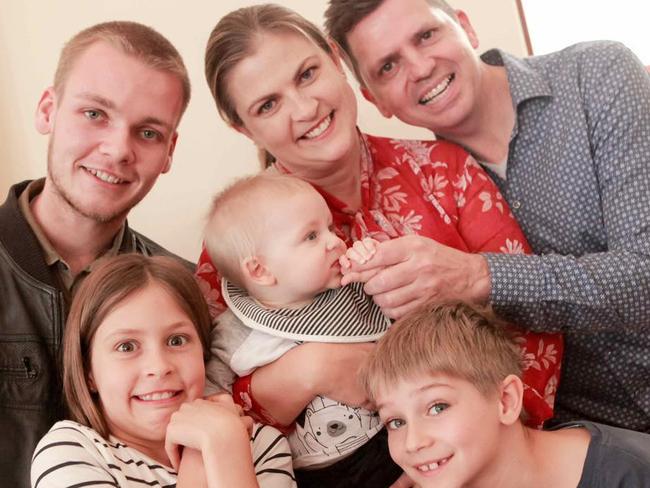 Natalie Coulson, 42, of Balgowlah Heights (centre) with her new partner Fred Coulson and then son Alex, now 2. On the left is Mr Coulson's son Lewis Coulson, 21, from another relationship. Front are Sabina Hiller, 11 and James Hiller, 9, who live in Canada with Ms Coulson's ex partner.