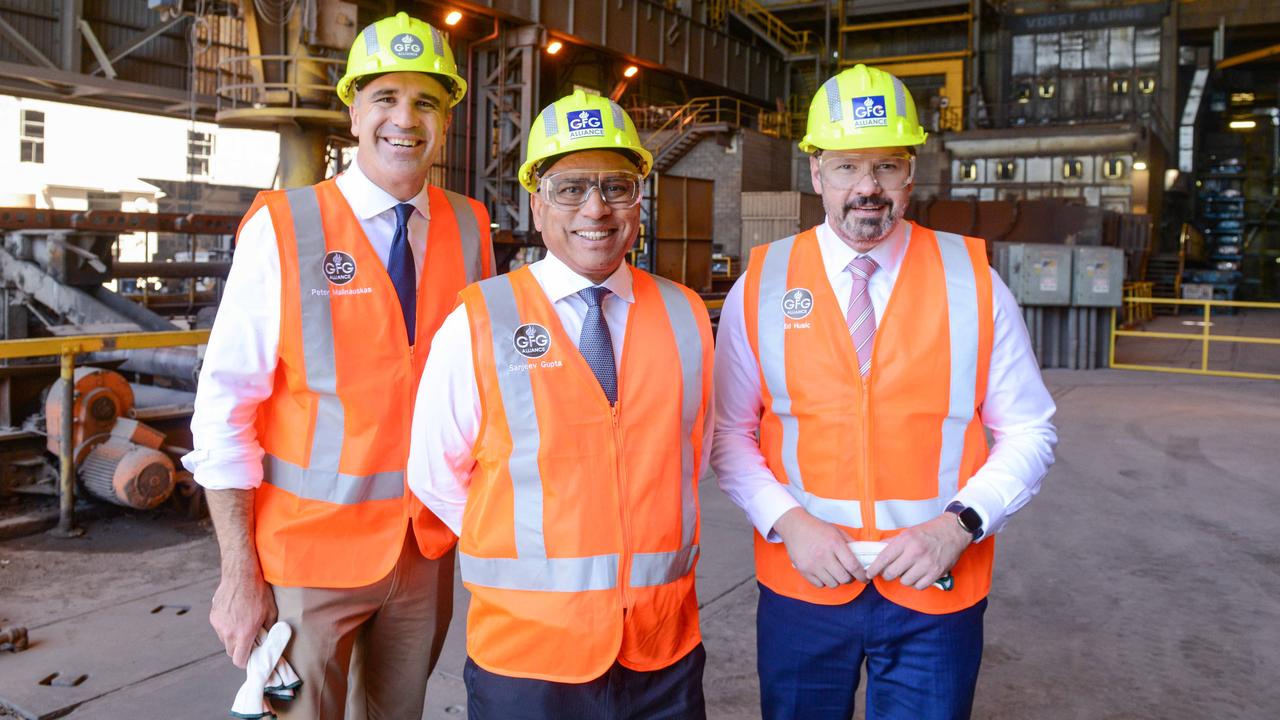 Premier Peter Malinauskas, Sanjeev Gupta and Federal Industry Minister Ed Husic at the Whyalla steel plant on April 4, 2023. Picture: GFG Alliance/Brenton Edwards