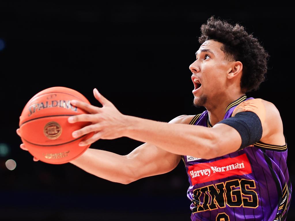 SYDNEY, AUSTRALIA - DECEMBER 29: Jaylin Galloway of the Kings drives to the basket during the round 13 NBL match between Sydney Kings and Cairns Taipans at Qudos Bank Arena, on December 29, 2023, in Sydney, Australia. (Photo by Mark Evans/Getty Images)