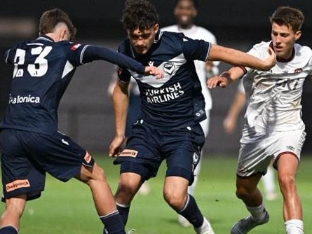 Jesse Hoey and Alex Menelaou in action for Melbourne Victory. Picture: Mark Avellino/Melbourne Victory