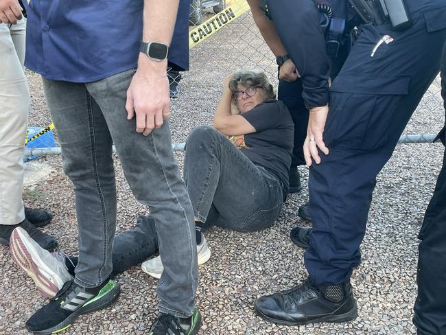 Around 20 Save Lee Point protesters clashed with construction workers and police as bulldozers moved in to the controversial Defence Housing Australia development site on Tuesday morning. Picture: Zizi Averill