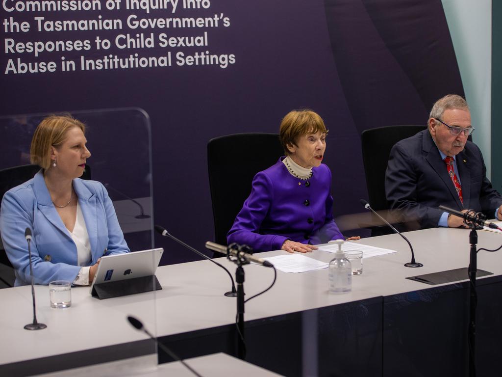 Commissioner Leah Bromfield, Marcia Neave and Robert Benjamin. Picture: ABC/pool