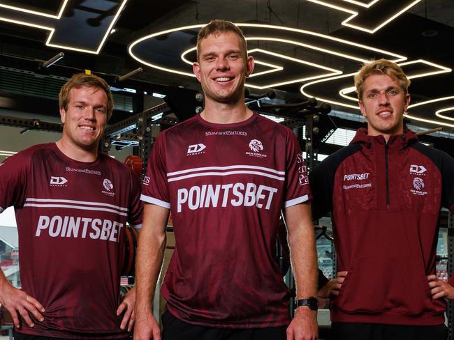 Daily Telegraph. 05, August, 2024.Manly Sea Eagles brothers Jake, Tom and Ben Trbojevic, at 4 Pines Oval, Brookvale, today.Picture: Justin Lloyd.