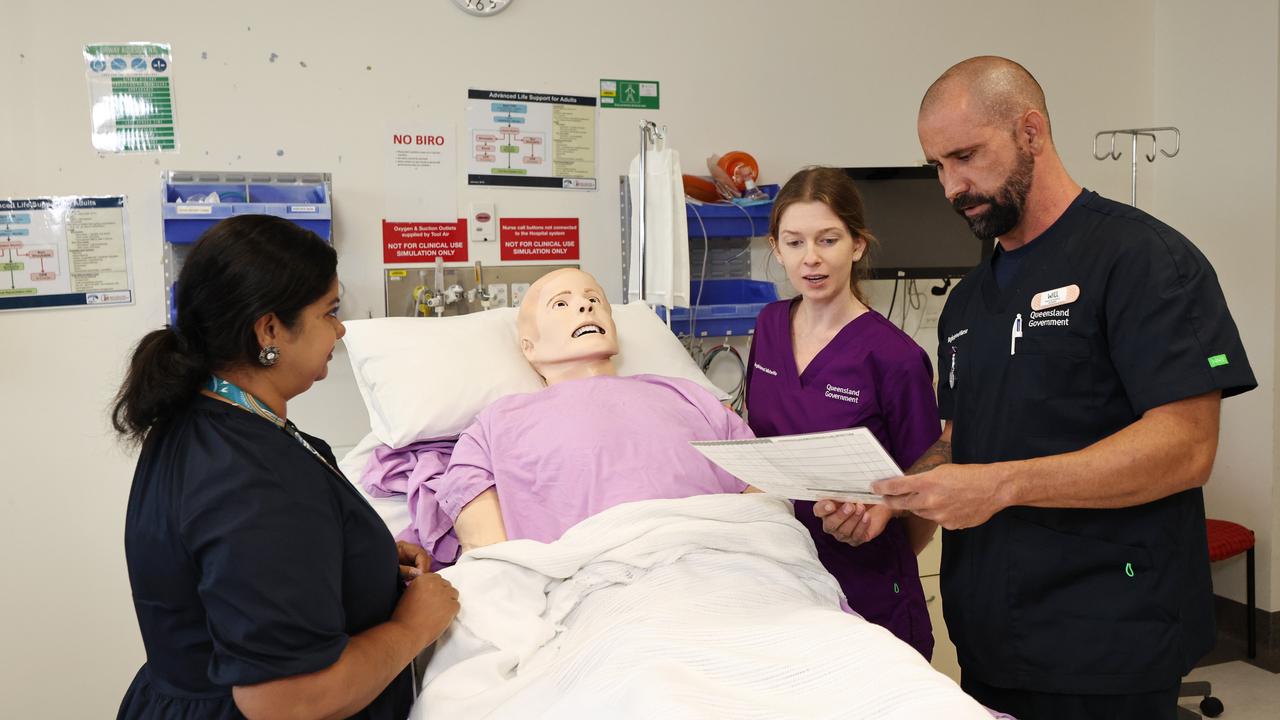 Cairns Hinterland Hospital and Health Service have welcomed the addition of 180 new registered nurses, 34 enrolled nurses and 11 midwives to hospitals and clinics in Far North Queensland. CHHHS nursing director of educational research Jaya Thomas, registered nurse and midwife Kiara Dundas and registered nurse Will Reid are 2 of over 200 nurses that will consolidate their clinical knowledge and skills learnt during their studies at Cairns Hospital. Picture: Brendan Radke