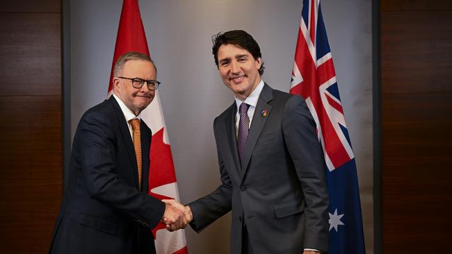 Anthony Albanese shakes hands with Trudeau during a bilateral meeting ahead of the NATO summit in Madrid in June 2022. Picture: AAP