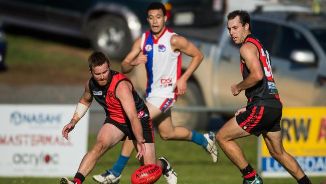 Braden Bayly (nearest ball) was one of Morphett Vale’s greats as a player. Now he is shining as a coach, guiding the Emus to their first major round since 2017. Picture: Matt Loxton