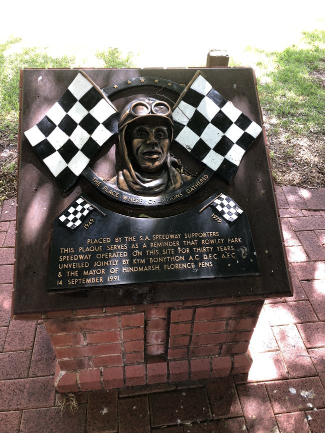 A plaque on the former Rowley Park site acknowledging its past use as a speedway track. Picture: Ian Syson