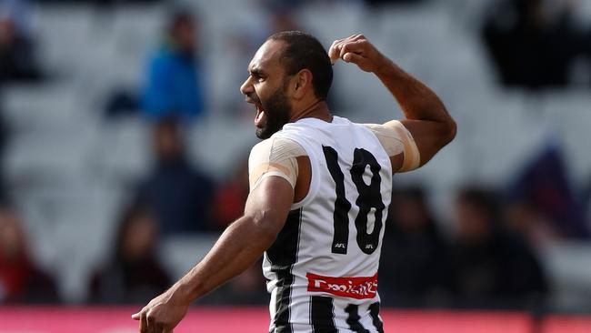 Travis Varcoe celebrates a goal for the Pies in 2019. Picture: Michael Willson/AFL Photos via Getty Images