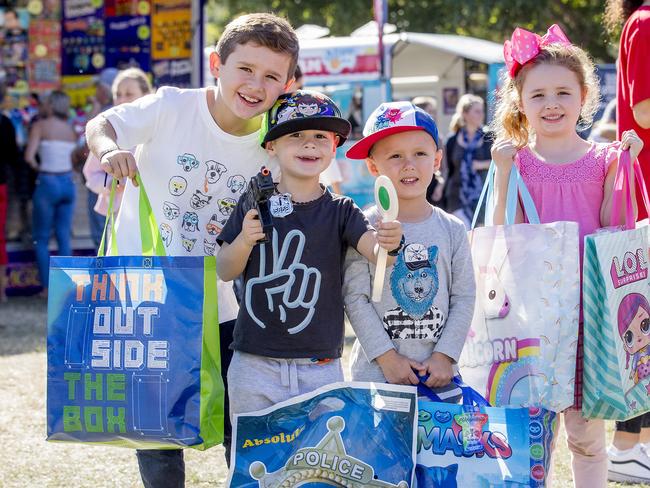 Asten Sacre, 8, Ayden Sacre, 4, Cooper Francey, 3, and Abbie Sacre, 5, at the 2018 Mudgeeraba Show. Picture: Jerad Williams.